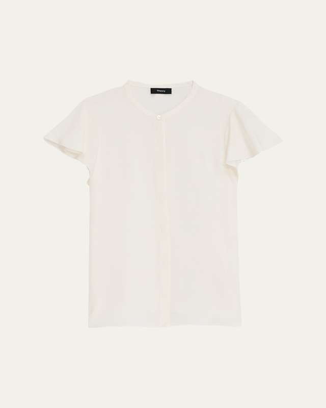 Ruffle-Sleeve Silk Button-Front Top